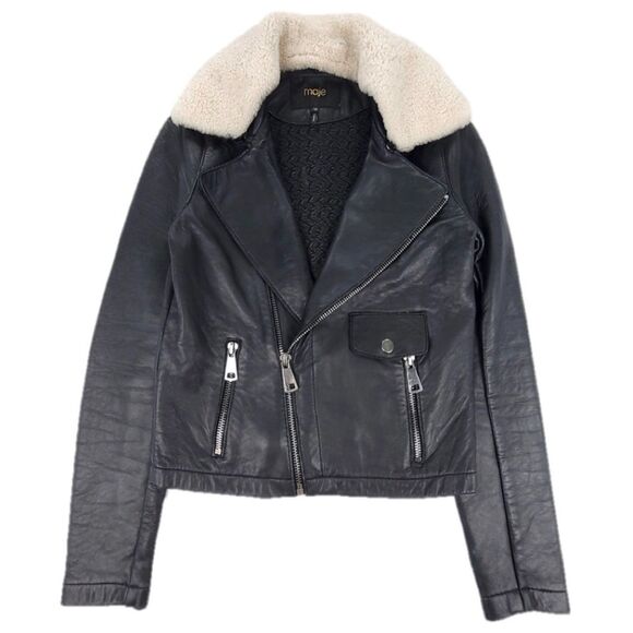 MAJE Bluff Leather Biker Jacket Shearling Fur Collar Moto Black Minimal Grunge - Picture 1 of 11